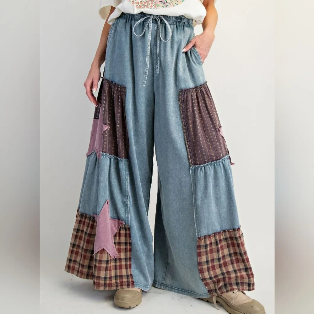 E1 Vintage Patchwork Wide-Leg Denim Pants with Star Detail - Picture 2 of 2